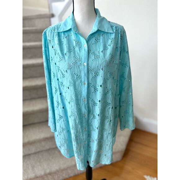 Amita Naithani Aqua Blue Floral Lace Button Down Shirt Swim Cover Up - Picture 1 of 9